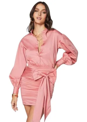 Ramy Brook Dress Women 2 Pink Flirt‎ Lorde Ruched Tie Waist Long Sleeve Mini NWT thumbnail 1