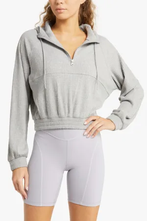 NEW Zella Half Zip Ribbed Hoodie Women's Elastic Waist Light Gray Size Large thumbnail 1