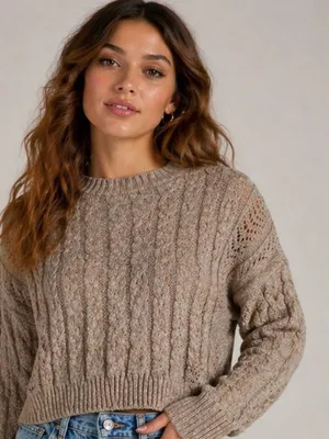 Windsor Cable Knit Sweater Open Back Tie Cropped Taupe Neutral Fall Top Medium thumbnail 1