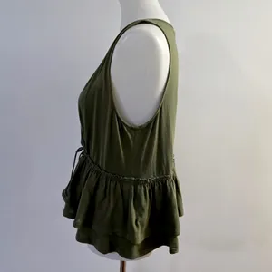 J.Crew Peplum Wrap Top Large Olive Green Cotton Tiered Ruffle Sleeveless V-Neck thumbnail 3