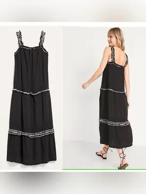 🌸Old Navy Sleeveless Ruffle-Neck Tiered Midi Swing Dress Black/White Size small thumbnail 2