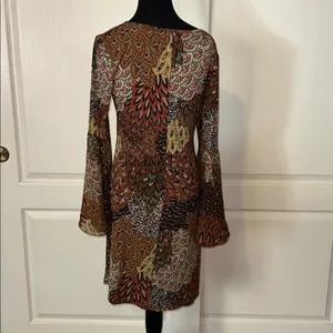MSK PATCHWORK PEACOCK PIPED FEATHERED BELL SLEEVE DRESS Brown thumbnail 3
