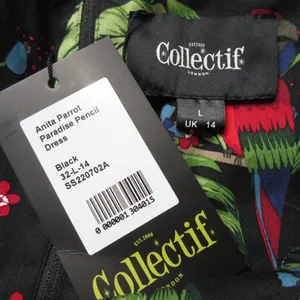 NWT Collectif Anita parrot Paradise in Black Cotton Pencil Dress L / US 10 thumbnail 4