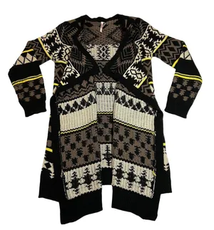 Ekklesia Open Front Knit Geometric Print Cardigan Size M/L Long Line Cozy Cotton thumbnail 1