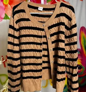 H75. Wiholl black and tan striped cardigan Size XL thumbnail 1
