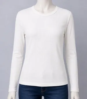 Uniqlo Womens Ribbed Long Sleeve Top White Crew Neck Minimalist‎ M thumbnail 1