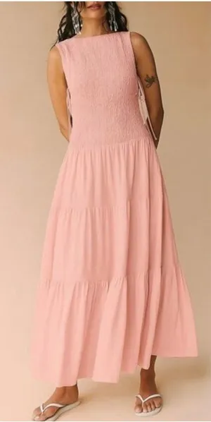 Free People Free-est Sterling Smocked Tiered‎ Maxi Dress Chalk Pink Large thumbnail 1