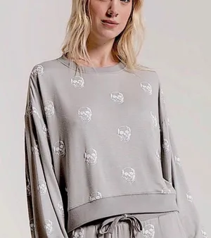 Gray & White Skull Crew Neck Pullover Relaxed Fit thumbnail 1