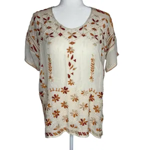 Johnny Was Aubrey‎ Blouse Small Cream Embroidered Floral Boho Peasant Top Tunic thumbnail 2