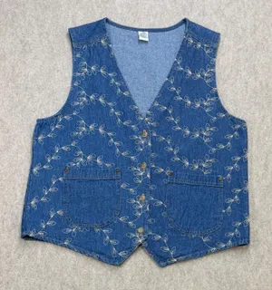 Vintage Cottagecore Embroidered Floral Denim Vest Women Medium Blue Boho Western thumbnail 1