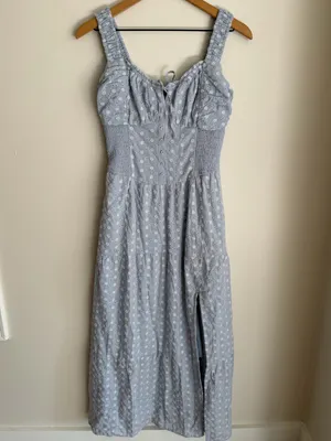 Hollister Sophia Blue Sweetheart Neck Smocked Embroidered Maxi Sun Dress Medium thumbnail 5