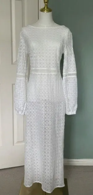 Vici Crochet Unlined Long Sleeve Maxi Dress Size S White Bridal Honeymoon thumbnail 1