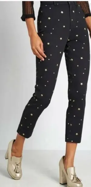 ModCloth Game Changer Twill Pants Ankle Star Moon Print Silver‎ Black Size 4 thumbnail 1