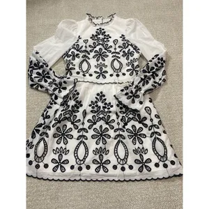 SAYLOR Ivory Mini Dress with Black Floral Embroidery Size XS 100% Cotton thumbnail 16