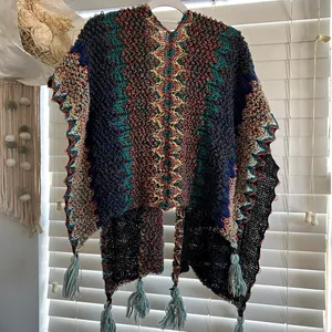 Boho Festival Multicolor Open Knit Tassel Poncho Cardigan OS thumbnail 2
