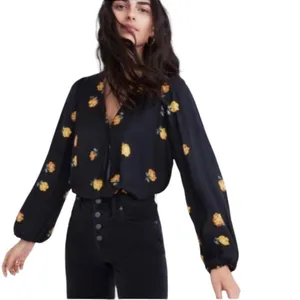 Madewell Bubble-Sleeve Black Wrap Top with Yellow Gold Floating Florets S thumbnail 13