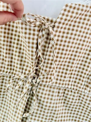 Bagatelle Cottagecore Gingham Front Tie Lace Trim Blouse Tan White Large thumbnail 5