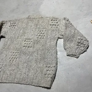 Blarney Woollen Mills Aran Knit Sweater Cream Pure Wool Ireland Women's SZ L thumbnail 8