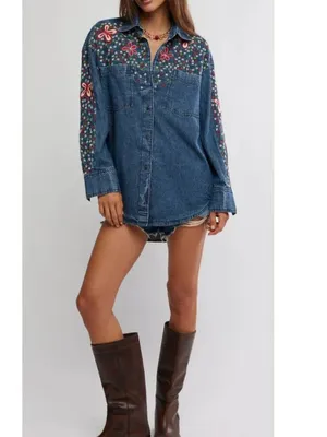 FREE PEOPLE NWT Rainbow Embroidered Denim Shirt / Rinse Wash thumbnail 4