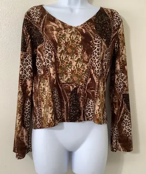 Vintage Y2K 2000s Animal Print Patchwork Artsy Festival‎ Fairy Boho Blouse M thumbnail 1