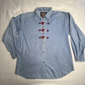 No Barriers Womens Vintage Size Medium Cotton Denim Embroidered Button Down‎ Top thumbnail 1