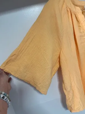 Wonderly Women’s Large Mustard Yellow Gauze Peasant Blouse Boho Split Neck Top thumbnail 5