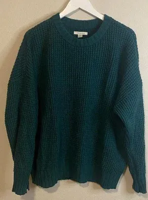 American Eagle Outfitters, Oversized Teal Waffle Knit Crew Sweater, Medium thumbnail 1