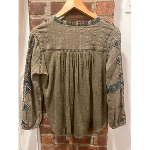 Lucky Brand Embroidered Lace-Up Peasant Blouse Boho Western Top S thumbnail 4
