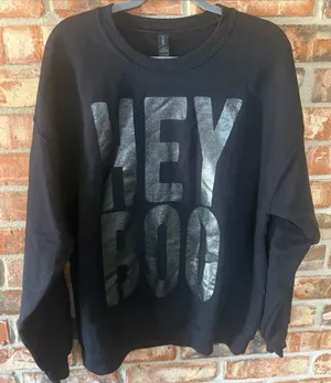 Gildan Black Crewneck Sweatshirt with Glitter metallic Hey Boo Graphic thumbnail 1