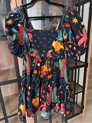 Farm Rio zodiac mini dress babydoll puff short sleeve colorful print thumbnail 2