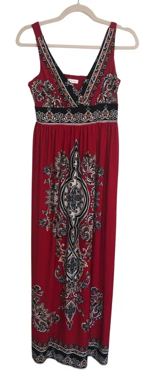 Red Maxi Dress Size 6 Black White Baroque Pattern Sleeveless London Times Slinky thumbnail 1