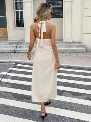 SHEIN Cream Halter Midi Dress Gold Button Detail Open Back Size M NWOT thumbnail 3