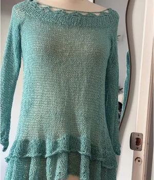Teal Open Weave Ruffled Knit Tunic Sweater thumbnail 2
