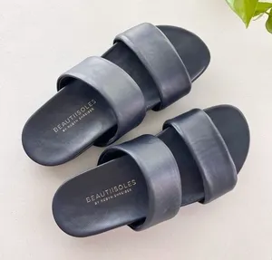 Beautiisoles Navy Blue Double-Strap Leather Minimalist Summer Slide Sandals thumbnail 1