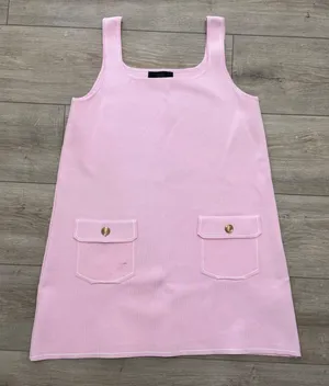 Zara Pink Knit Mini Dress Women's M Gold Button Pockets Sleeveless Preppy thumbnail 1