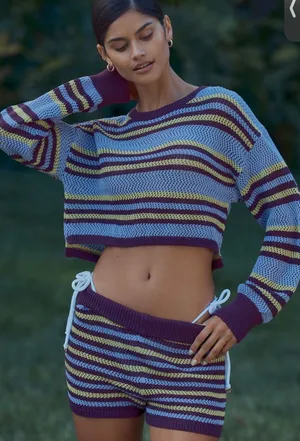 Anthropologie Striped Open Knit Cropped Sweater Open Back Tie purple L thumbnail 1