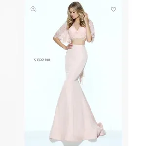 Sherri Hill 50877 blush pink mermaid lace bell sleeve mikado skirt gown NEW 2 thumbnail 2