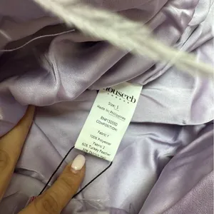 House of CB ‘Tyra’ Feather Trim Long Sleeve Satin‎ Mini Shirt Dress Orchid NWOT thumbnail 6