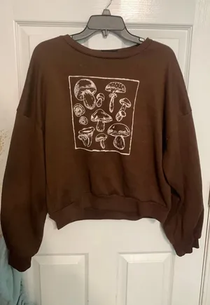 Shein Brown Cropped Graphic Print Mushroom Sweater thumbnail 1