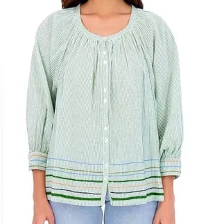 NWOT Roller Rabbit Murello Ada green stripe button down blouse cotton India thumbnail 1