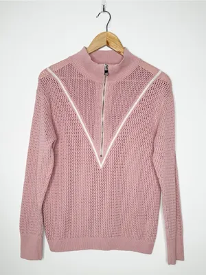 Varley Calva Knit Half-Zip Cotton Sweater Pink Size Small thumbnail 2