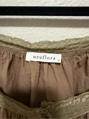 Neuflora Boho Peasant Blouse Brown Lace Trim Button Front Balloon Sleeve Medium thumbnail 3
