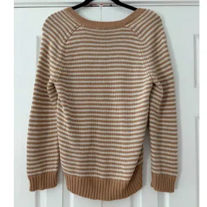 J. Crew Womens Tan White Striped 100% Cotton V-Neck Sweater Size M RN77388 thumbnail 2