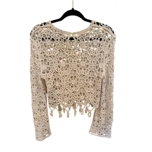 Zara Cream Crochet Open Knit Sweater Top Floral Fringe Boho Long Sleeve thumbnail 5