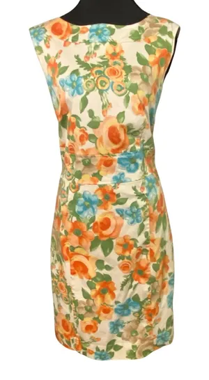 Charter Club Sz 12 Floral Watercolor Cotton Sheath Dress Orange Blue Sleeveless thumbnail 1