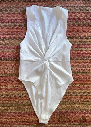 WHITE BASIC RIBBED V NECK TWIST FRONT BODYSUIT ONE PIECE thumbnail 1