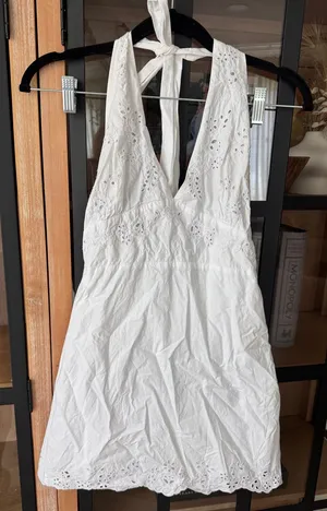 Zara eyelet mini dress embroidered halter neck adjustable open back vneck thumbnail 1