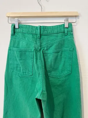 Zara Jeans Size 0 Green High‎ Rise Wide Leg Raw Hem Baggy Colored Denim Earthy thumbnail 8
