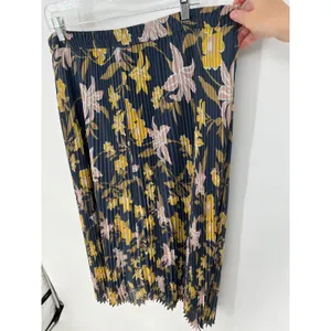 LOFT Pleated Maxi‎ Skirt XL Dusty Blue Yellow Floral Elastic Waist Accordion thumbnail 6