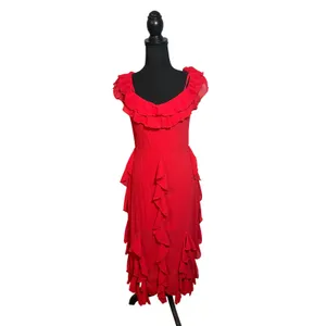 EillyBazar Red Ruffle Cold Shoulder Midi Dress Adjustable Straps Fairy Holiday thumbnail 4